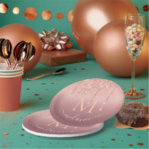 Rose Gold Glitter Paper Plates Custom Name Letter