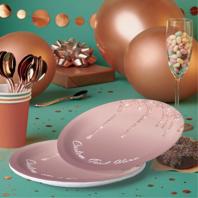 Rose Gold Glitter Paper Plates Personalized Text (Multi)