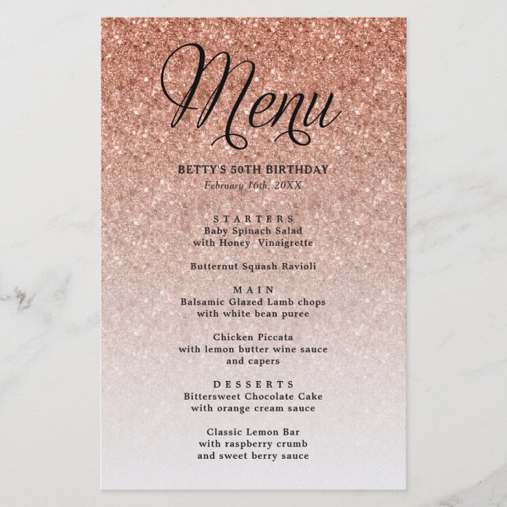 Rose Gold Glitter Party Menu Flyer | Zazzle