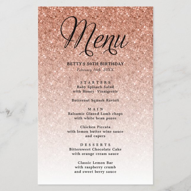 Rose Gold Glitter Party Menu Flyer (Front)