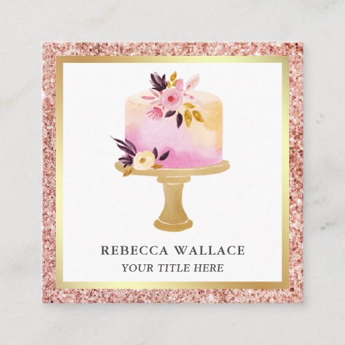 Rose Gold Glitter Pastel Floral Cake Bakery Square Business Card
