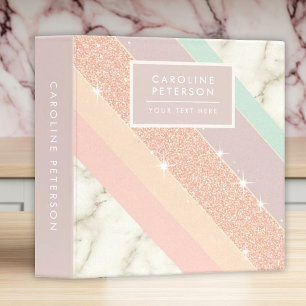 Rose Gold Glitter Pastel Marble Diagonal Stripes 3 Ring Binder