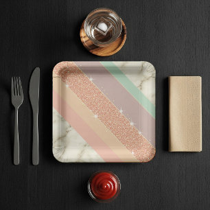 Rose Gold Glitter Pastel Marble Diagonal Stripes Paper Plates