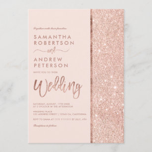 Rose gold glitter pastel pink color block wedding invitation
