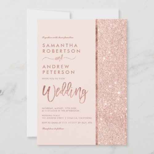 Rose gold glitter pastel pink color block wedding invitation