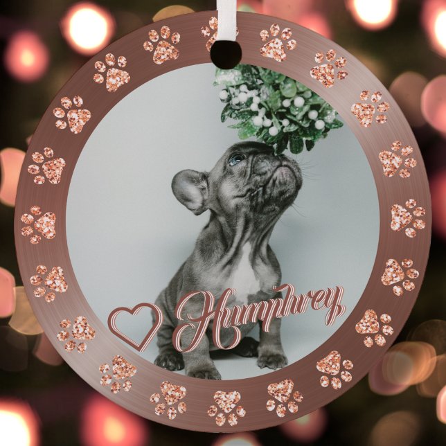 Rose Gold + Glitter Paw Pet Name Christmas Tree Metal Ornament (Creator Uploaded)