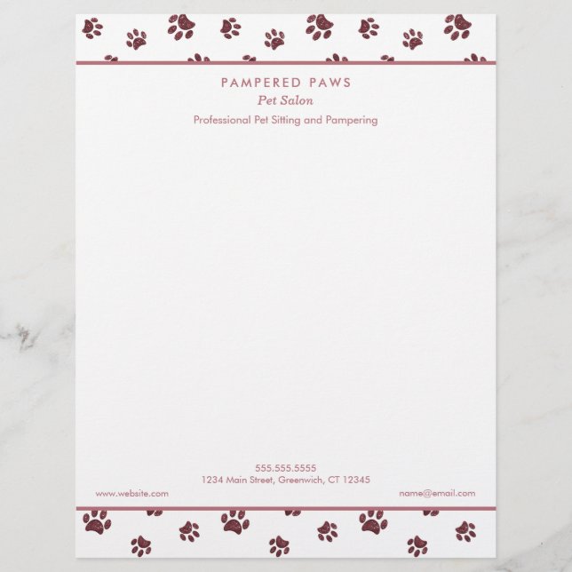 Rose Gold Glitter Paw Print Professional Pet Salon Letterhead (Front)