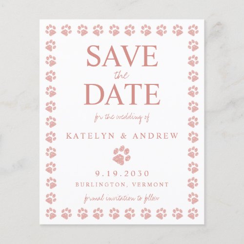 Rose Gold Glitter Paw Print Save The Date Postcard