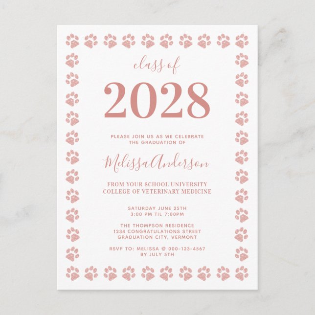 Rose Gold Glitter Paw Prints Graduation Invitation Postcard (Front)
