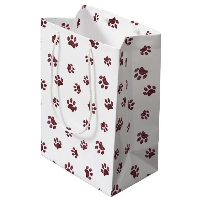 Rose Gold Glitter Paw Prints Pattern Medium Gift Bag (Back Angled)