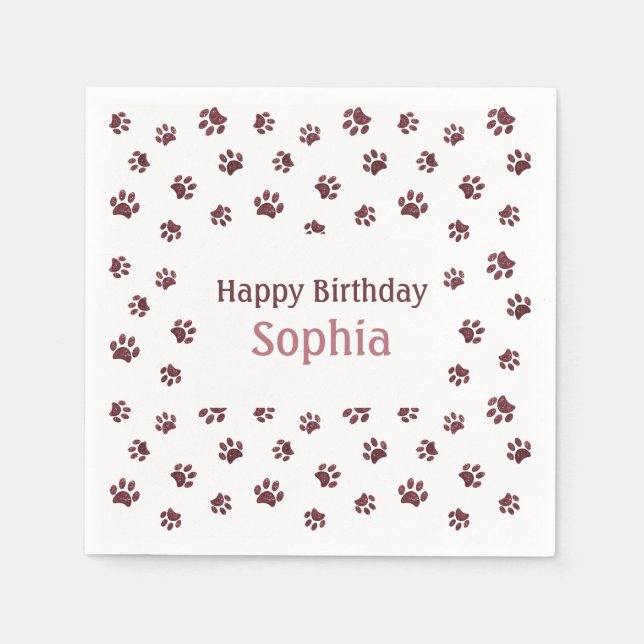 Rose Gold Glitter Paw Prints Pet Birthday Party Napkins (Front)
