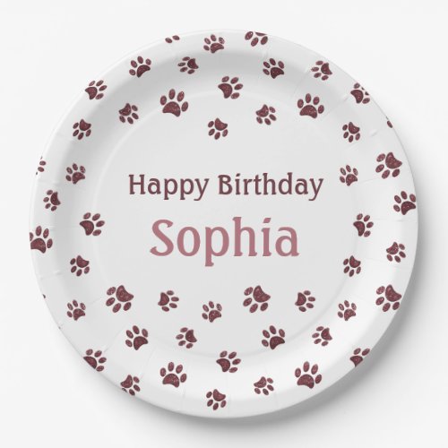 Rose Gold Glitter Paw Prints Pet Birthday Party Paper Plates