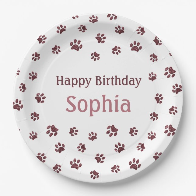 Rose Gold Glitter Paw Prints Pet Birthday Party Paper Plates (Front)