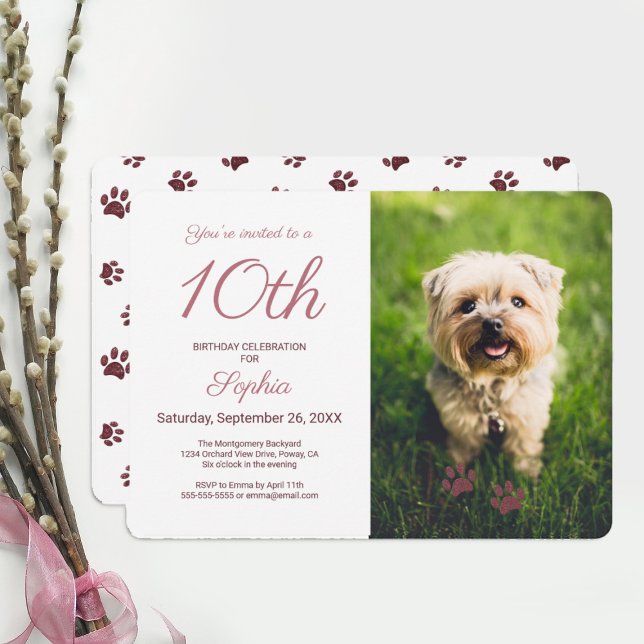 Rose Gold Glitter Paw Prints Pet Birthday Photo Invitation (Creator Uploaded)