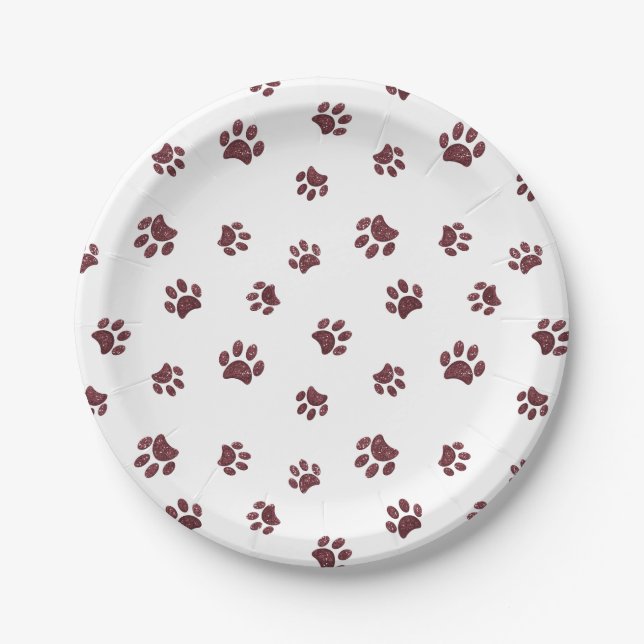 Rose Gold Glitter Paw Prints Pet Party Paper Plates (Front)