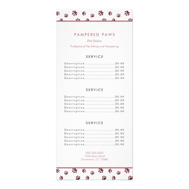 Rose Gold Glitter Paw Prints Pet Salon Services Rack Card (Front)