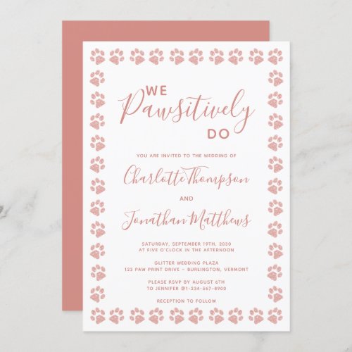 Rose Gold Glitter Paw Prints Wedding Invitation