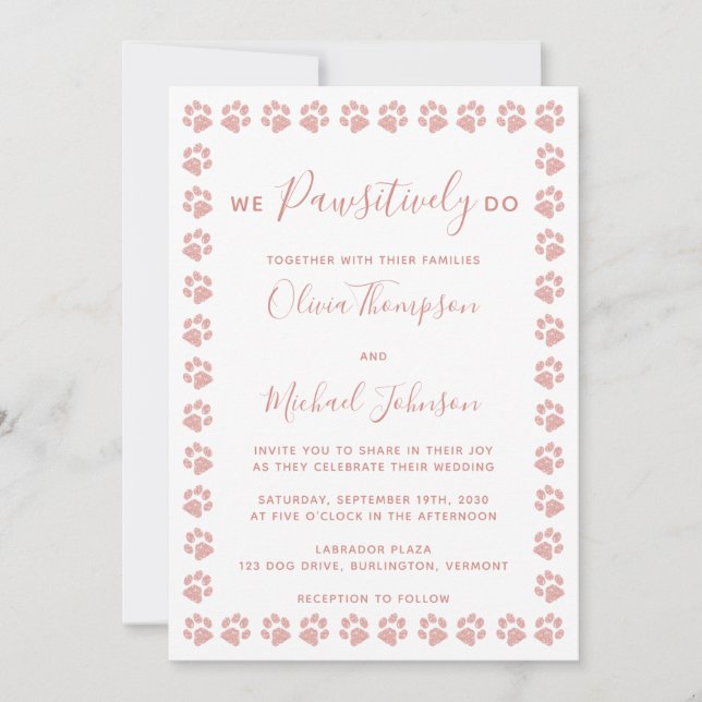 Rose Gold Glitter Paw Prints Wedding Invitation (Front)