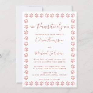 Rose Gold Glitter Paw Prints Wedding Invitation
