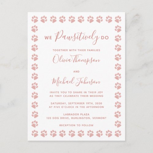 Rose Gold Glitter Paw Prints Wedding Invitation Po Postcard