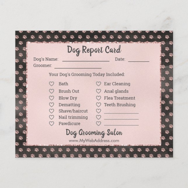 Rose Gold Glitter Paws Dog Grooming Report Card  Flyer (Front)