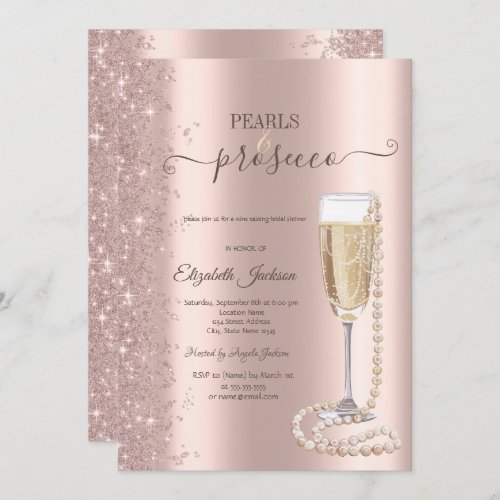 Rose Gold Glitter Pearls  Prosecco Bridal Shower  Invitation