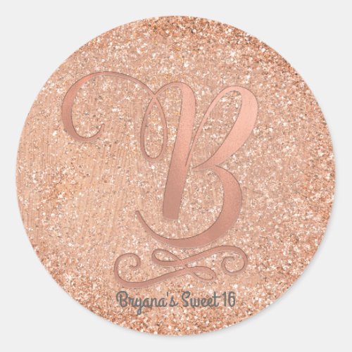 Rose Gold Glitter Personalized Initial Letter B Classic Round Sticker