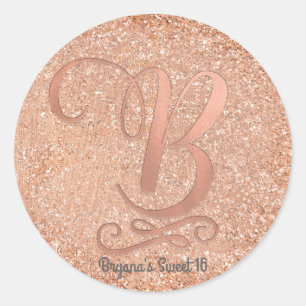 Rose Gold Glitter Personalized Initial Letter B Classic Round Sticker