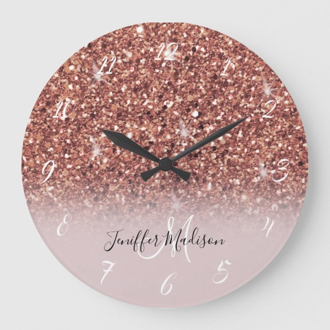 Rose gold glitter Personalized Name                Large Clock (Front)