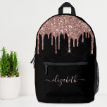 Rose Gold Glitter Personalized Printed Backpack<br><div class="desc">Personalized chic and girly black backpack with elegant rose gold faux glitter drips. Personalize with your name in a stylish trendy light rose gold script with swashes. If needed,  you can adjust the size of the script font in the design tool for shorter or longer names.</div>