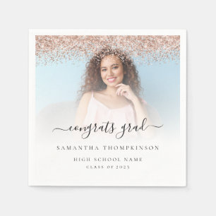 Rose Gold Glitter Photo 2024 Congrats Graduation Napkins