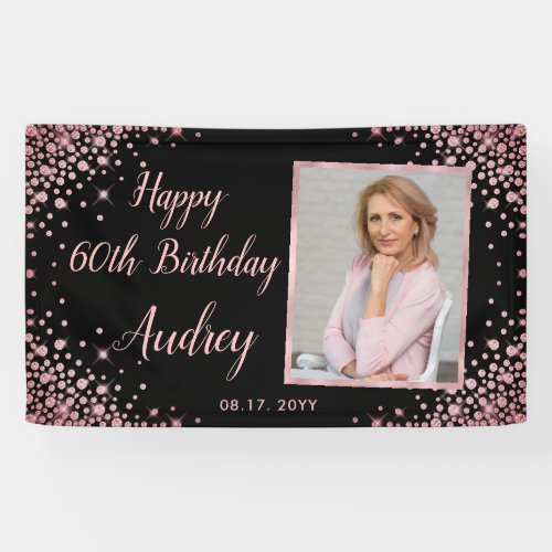 Rose Gold Glitter Photo 60th Birthday Welcome  Banner