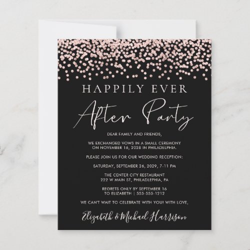 Rose Gold Glitter Photo Black Reception Invite