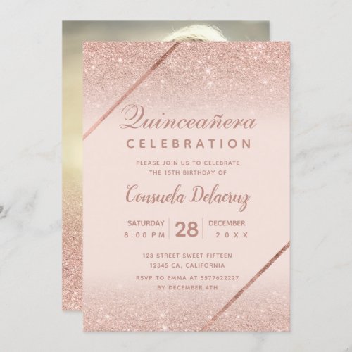 Rose gold glitter photo blush pink Quinceanera Invitation