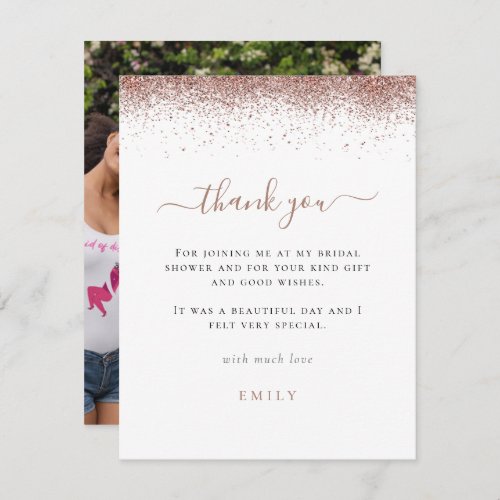 Rose Gold Glitter Photo Bridal Shower Thank You Card