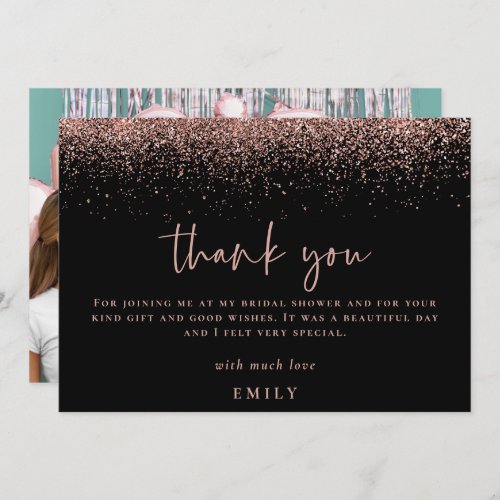 Rose Gold Glitter Photo Bridal Shower Thank You Card