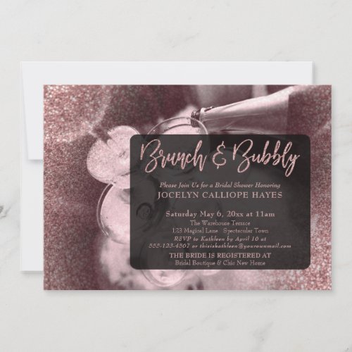 Rose Gold Glitter Photo Brunch  Bubbly Script Invitation