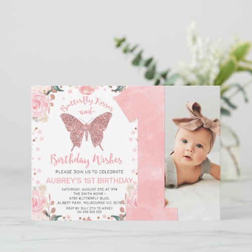 Rose Gold Glitter Photo Butterfly First Birthday Invitation