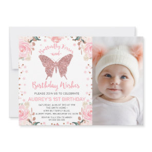 Rose Gold Glitter Photo Butterfly Kisses Birthday Invitation