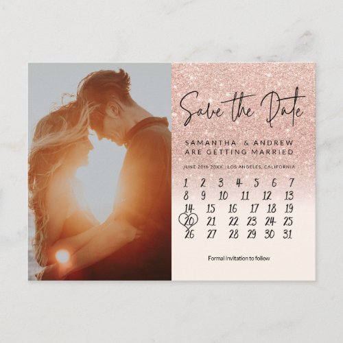 Rose gold glitter photo calendar save the date announcement postcard