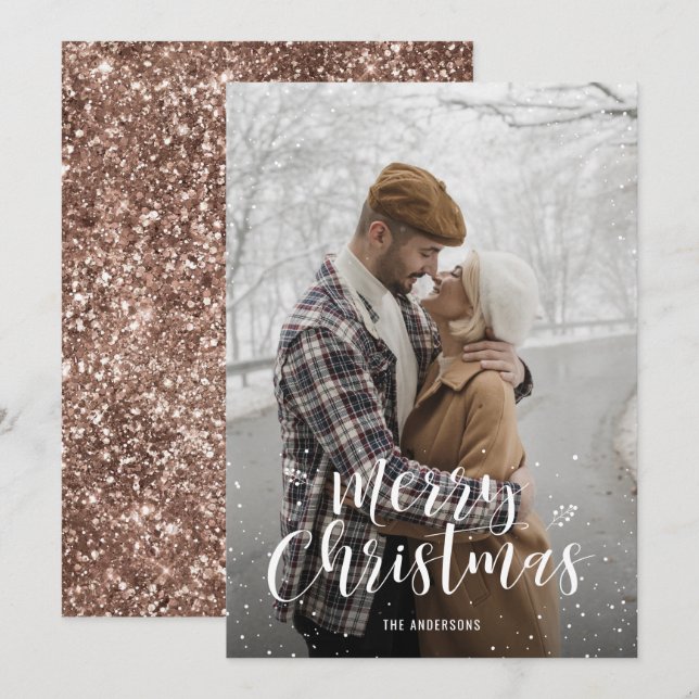 Rose Gold Glitter Photo Christmas Cards (Front/Back)