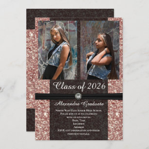 Rose Gold Glitter Photo Class of 2026 Graduation Invitation