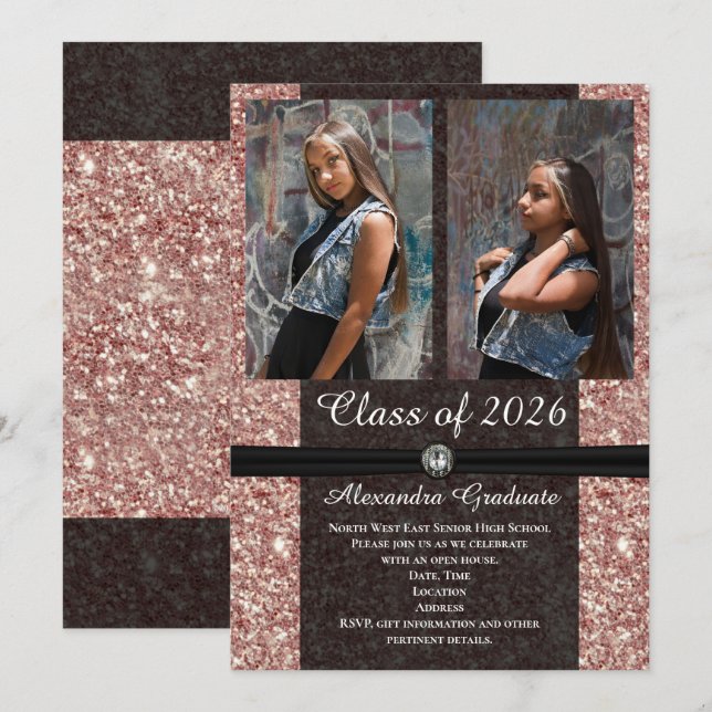 Rose Gold Glitter Photo Class of 2026 Graduation Invitation (Front/Back)