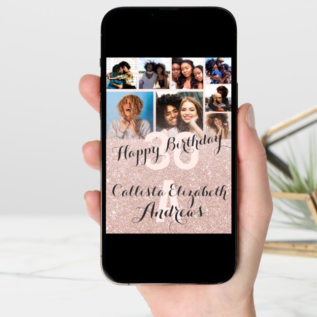 Rose Gold Glitter Photo Collage Happy Birthday Card (Front Digital)