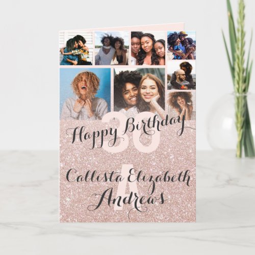 Rose Gold Glitter Photo Collage Happy Birthday Card