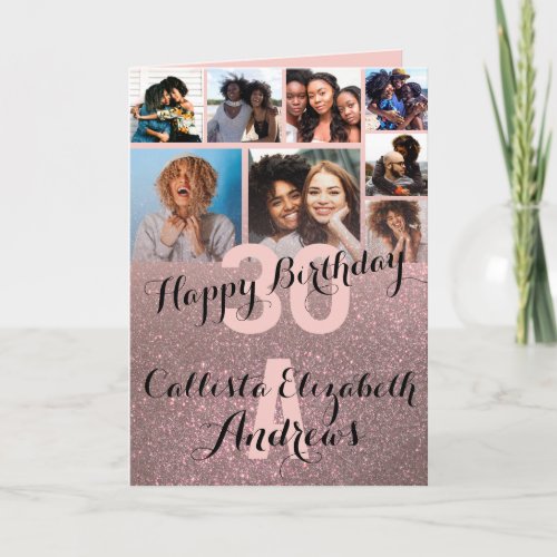 Rose Gold Glitter Photo Collage Happy Birthday Card