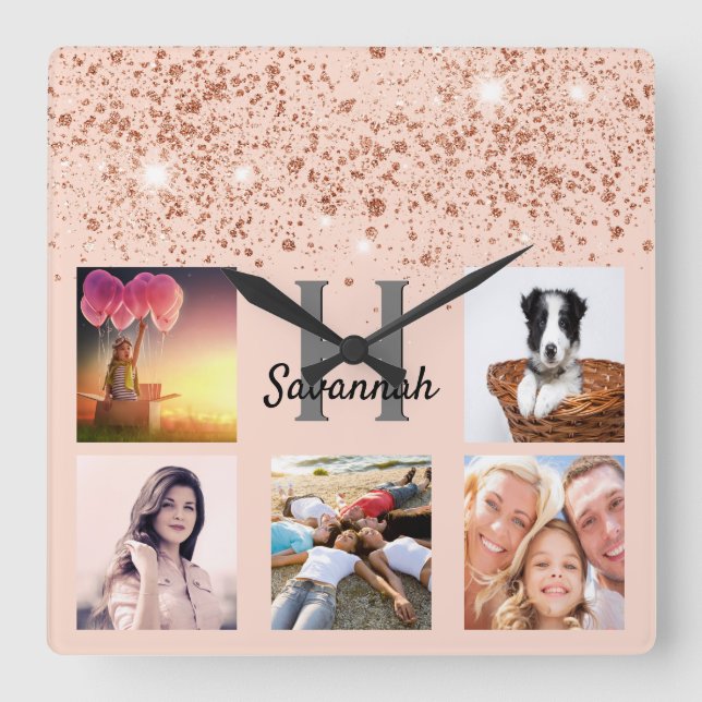 Rose gold glitter photo collage square wall clock (Front)