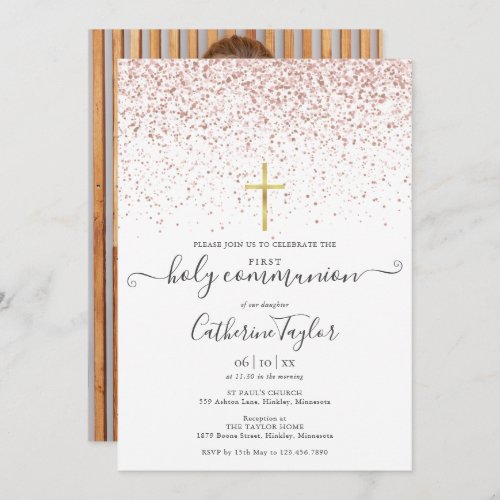 Rose Gold Glitter Photo First Holy Communion Invitation