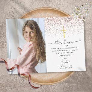 Rose Gold Glitter Photo First Holy Communion Thank You Card