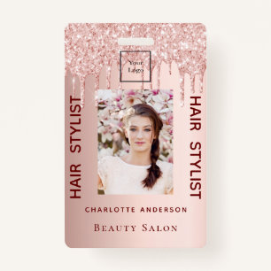 Rose gold glitter photo hair stylist beauty salon badge
